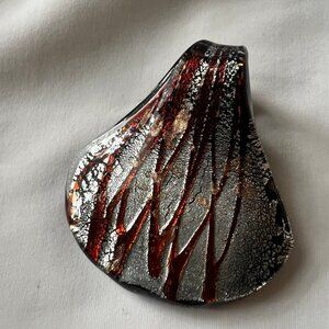 Abstract Art Glass Silver Tone Glitter Fan Shaped Artisan Design Costume Pendant